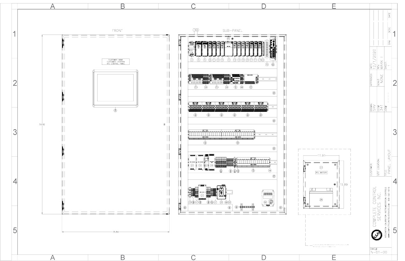 Technical panel layout drawing with front and sub-panel views, including component details.